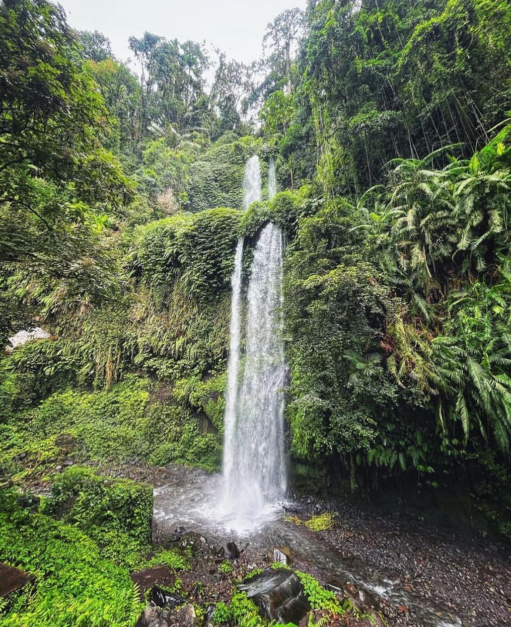 Majestic waterfall in the jungle with misty spray and lush green surroundings